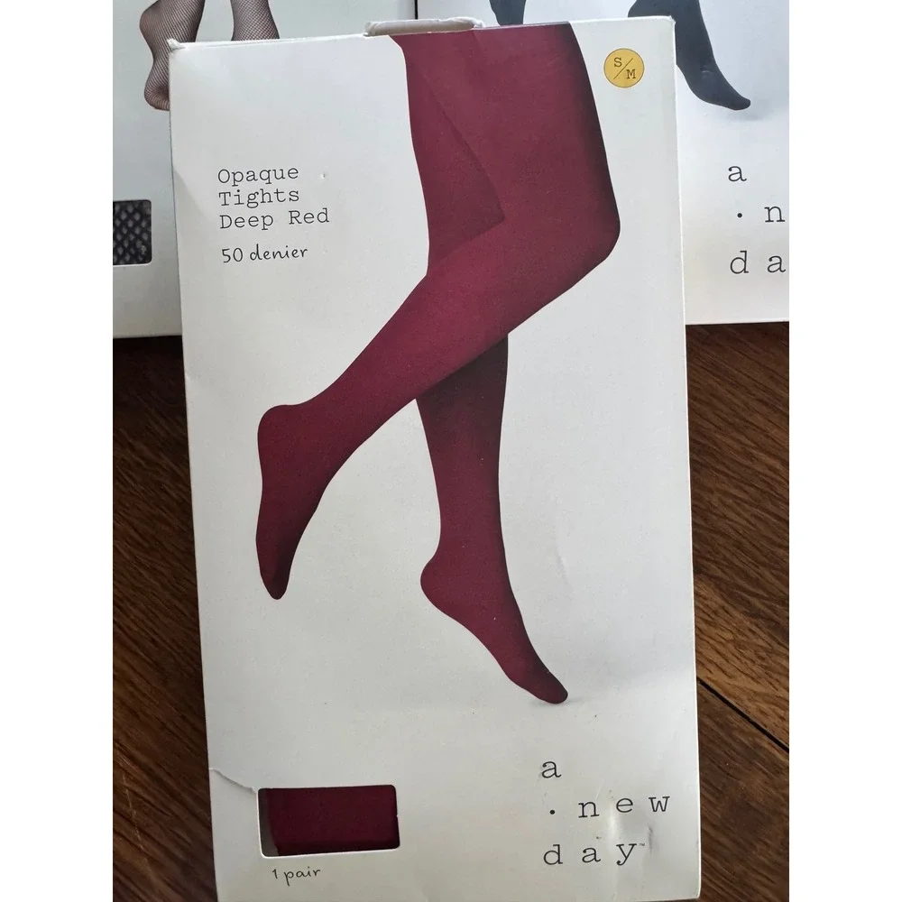 A New Day Tights Bundle 3pk Red Opaque Black Super Opaque Fishnet Size SM
